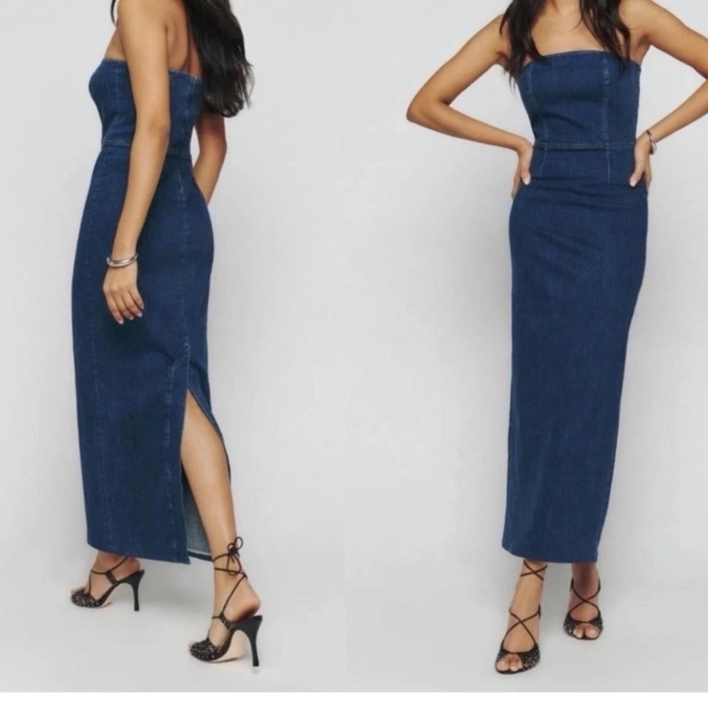 Reformation Eugenia Denim Midi Dress Women Dark Blue Strapless‎ 10